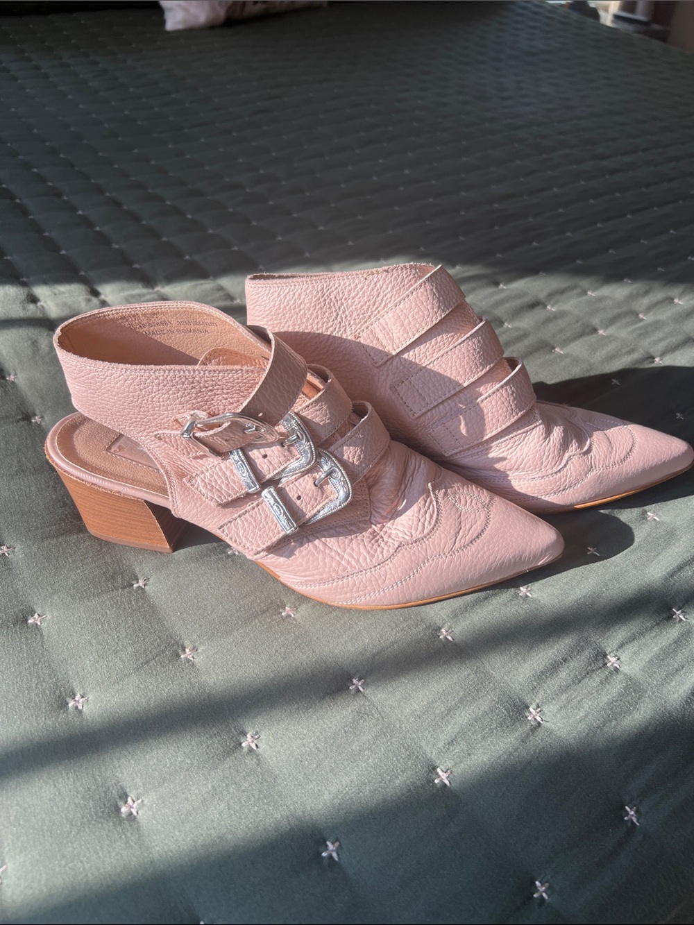 Leather Pointed-Toe Slingback Heels with Silver Buckles